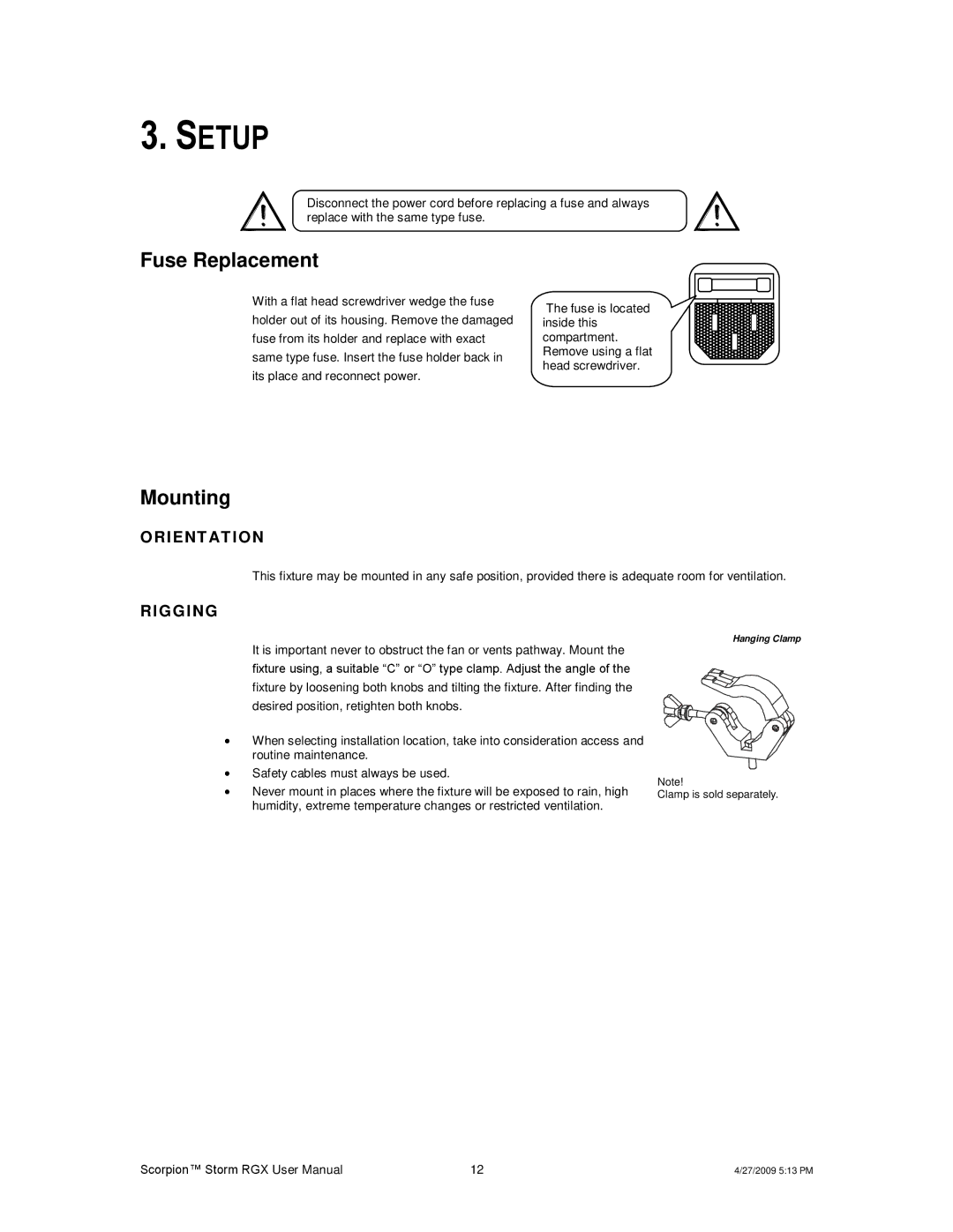 Chauvet DMX5M, DMX5F user manual Setup, Fuse Replacement, Mounting, Ri Ent At I O N, Rigging 