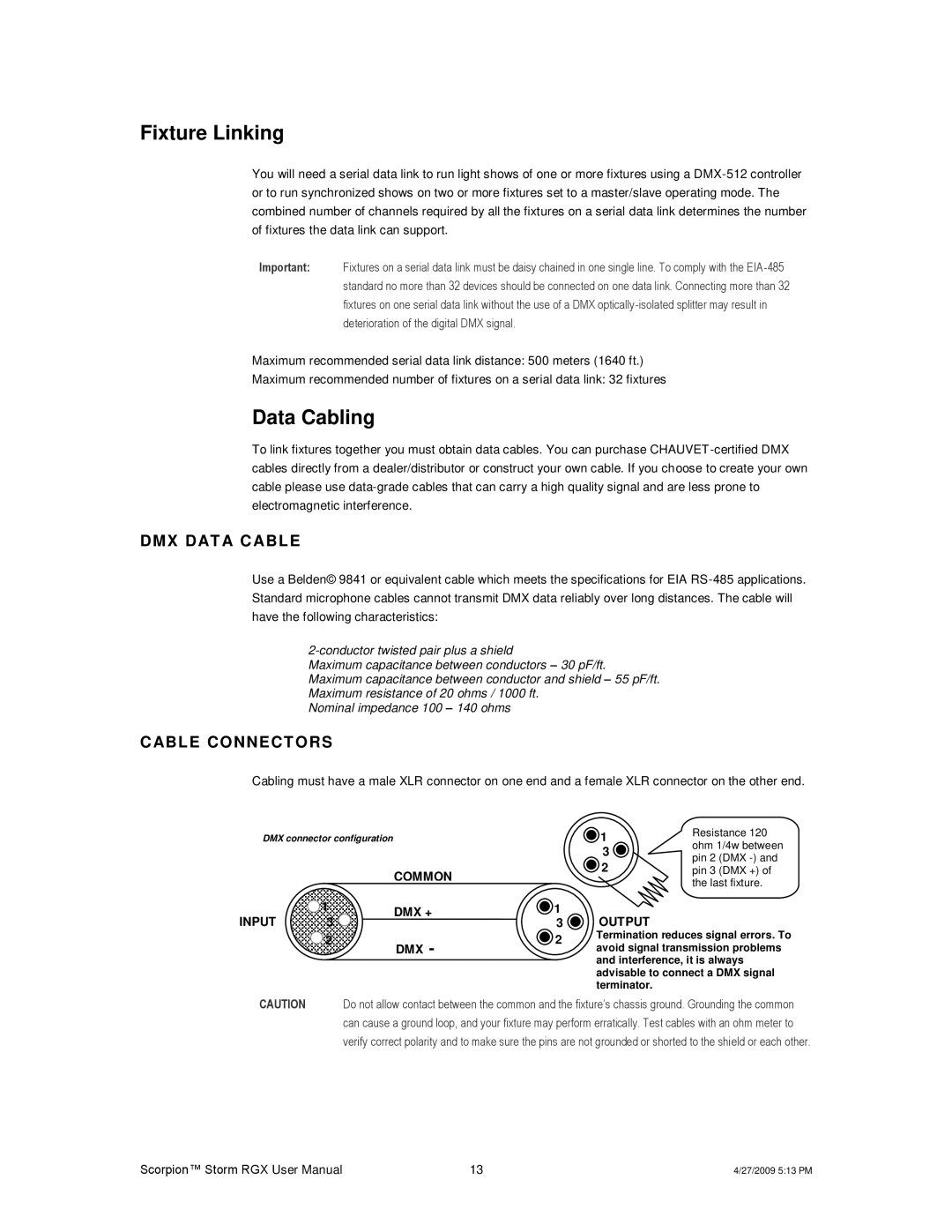 Chauvet DMX5F, DMX5M user manual Fixture Linking, Data Cabling, DMX DAT a Cable, Cable Connect ORS 