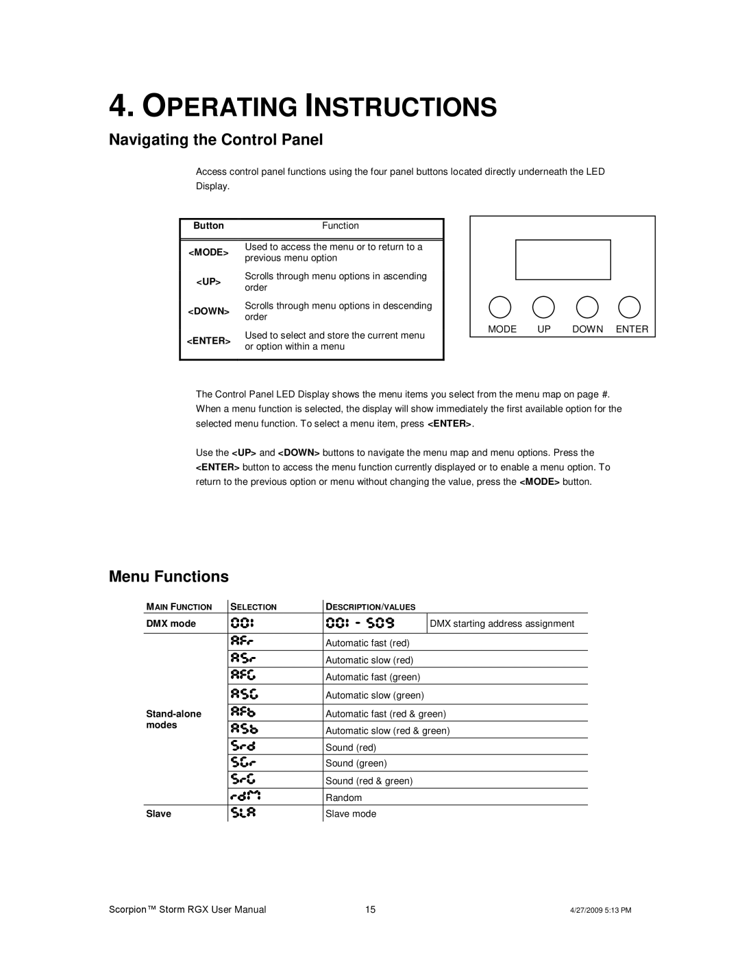 Chauvet DMX5F, DMX5M user manual Operating Instructions, Navigating the Control Panel, Menu Functions 