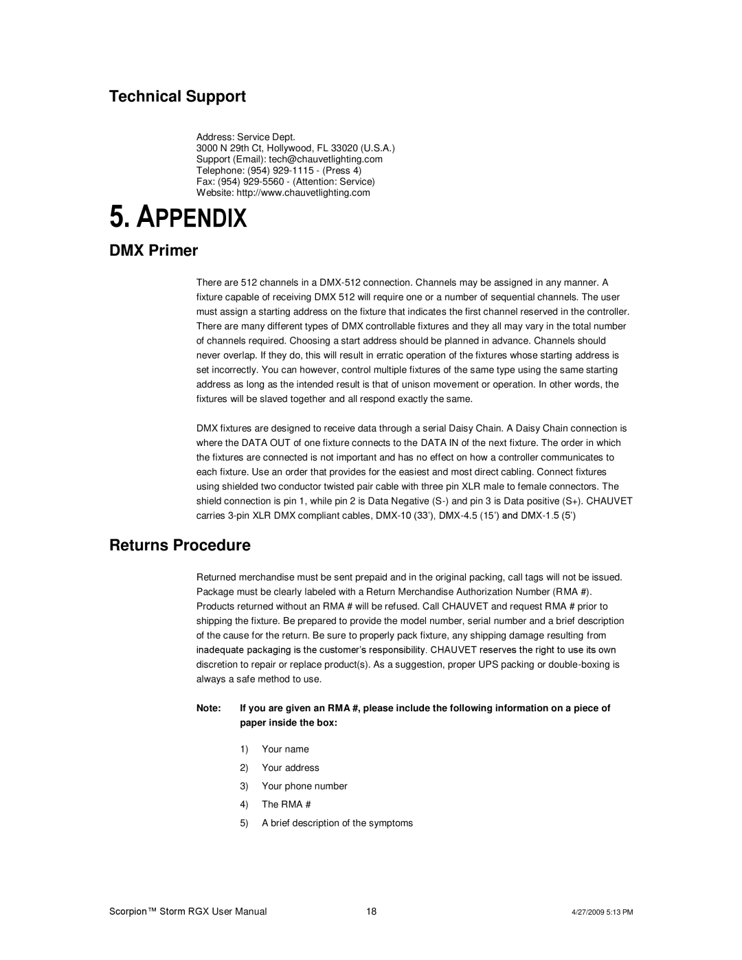 Chauvet DMX5M, DMX5F user manual Appendix, Technical Support, DMX Primer, Returns Procedure, Paper inside the box 