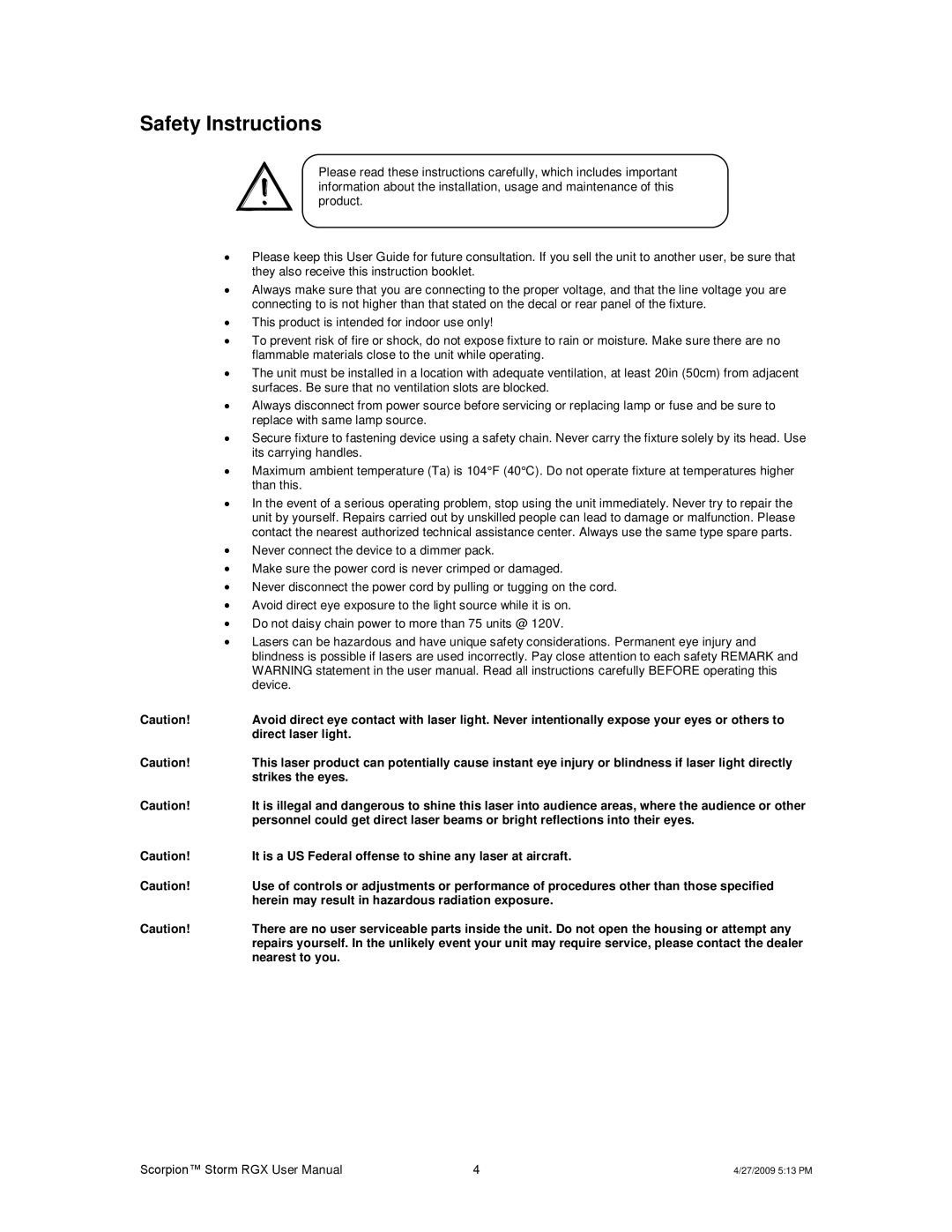 Chauvet DMX5M, DMX5F user manual Safety Instructions 