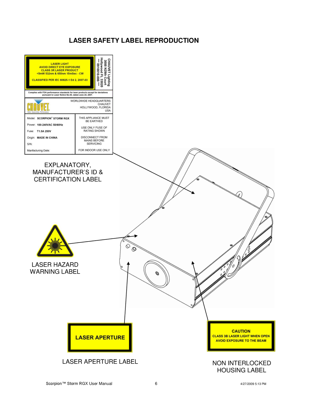 Chauvet DMX5M, DMX5F user manual Laser Safety Label Reproduction 