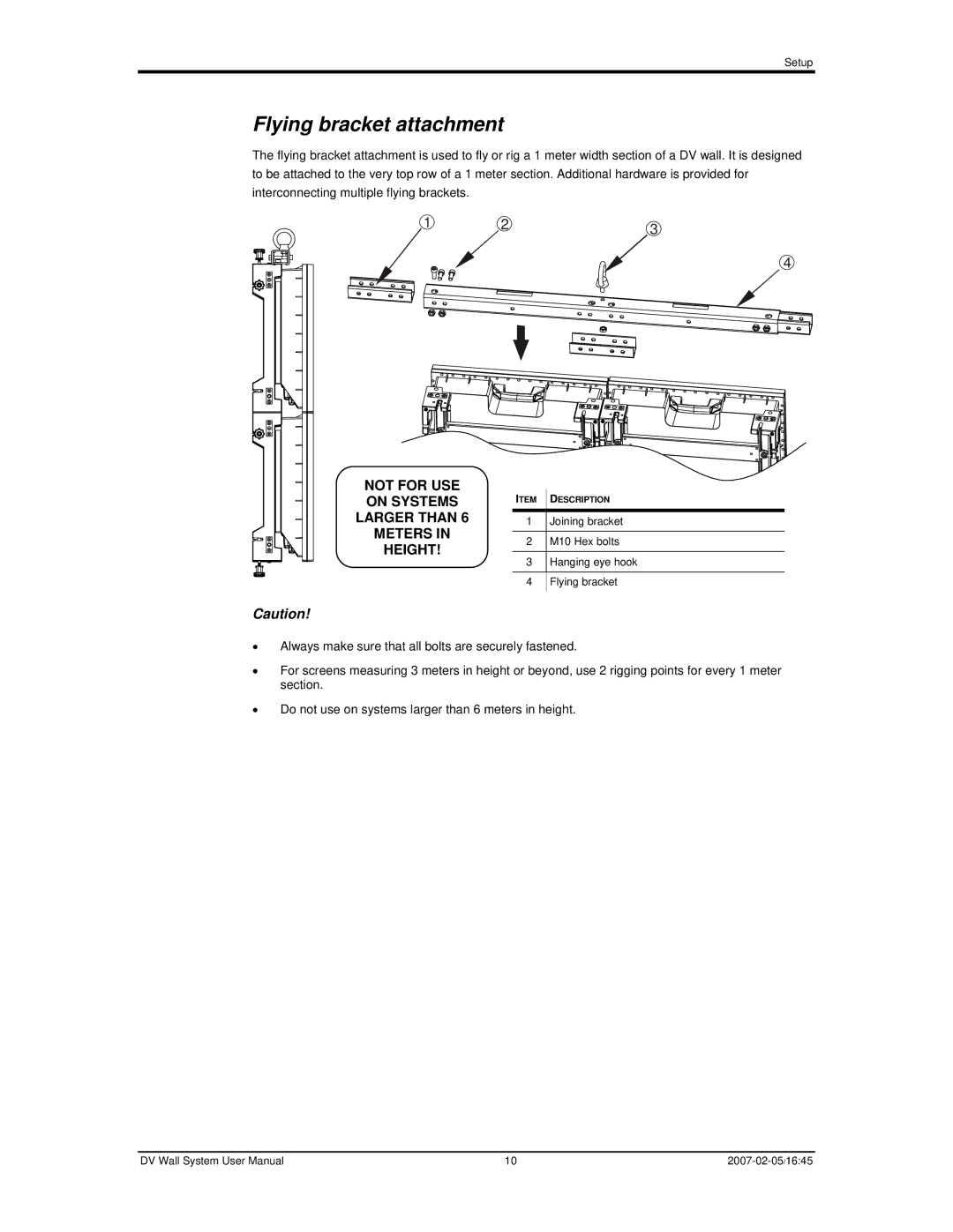 Chauvet DVM-HR user manual Flying bracket attachment, Joining bracket, M10 Hex bolts, Hanging eye hook 