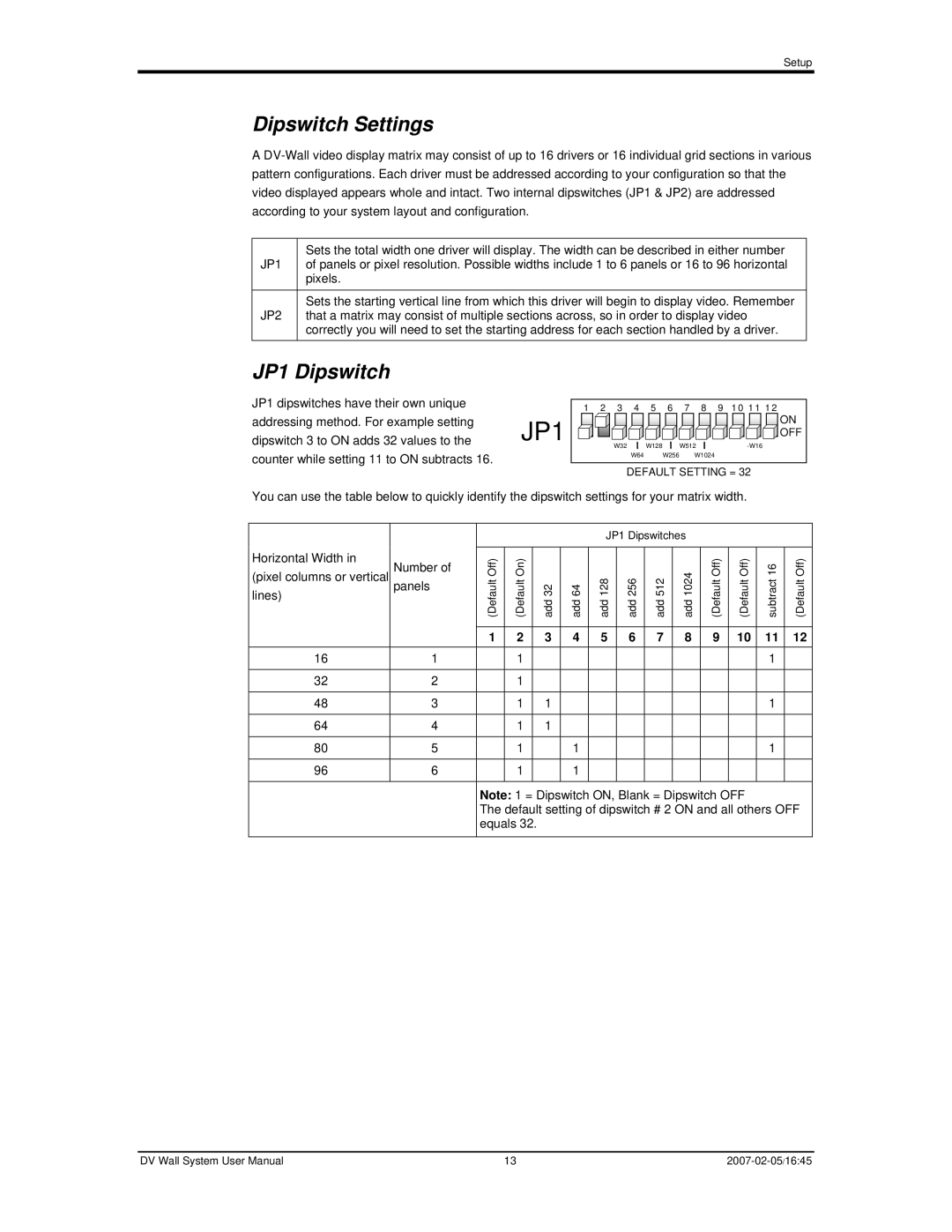 Chauvet DVM-HR user manual Dipswitch Settings, JP1 Dipswitches, Default Off Default On Subtract, Add 