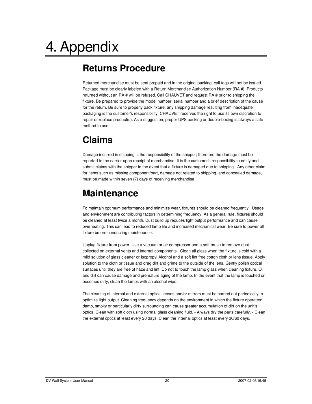 Chauvet DVM-HR user manual Appendix, Returns Procedure, Claims, Maintenance 