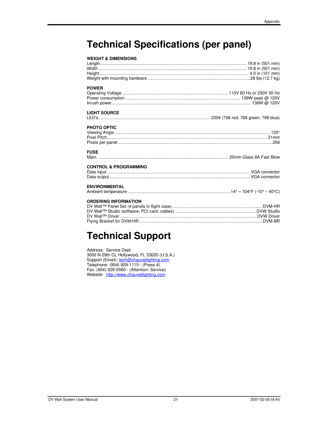 Chauvet DVM-HR user manual Technical Specifications per panel, Technical Support 