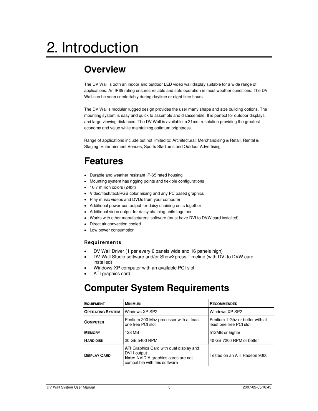 Chauvet DVM-HR user manual Introduction, Overview, Features, Computer System Requirements 