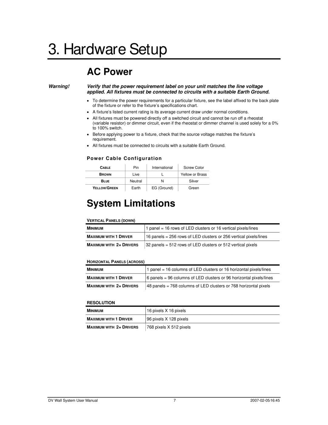 Chauvet DVM-HR user manual Hardware Setup, AC Power, System Limitations, Power Cable Configuration, Resolution 