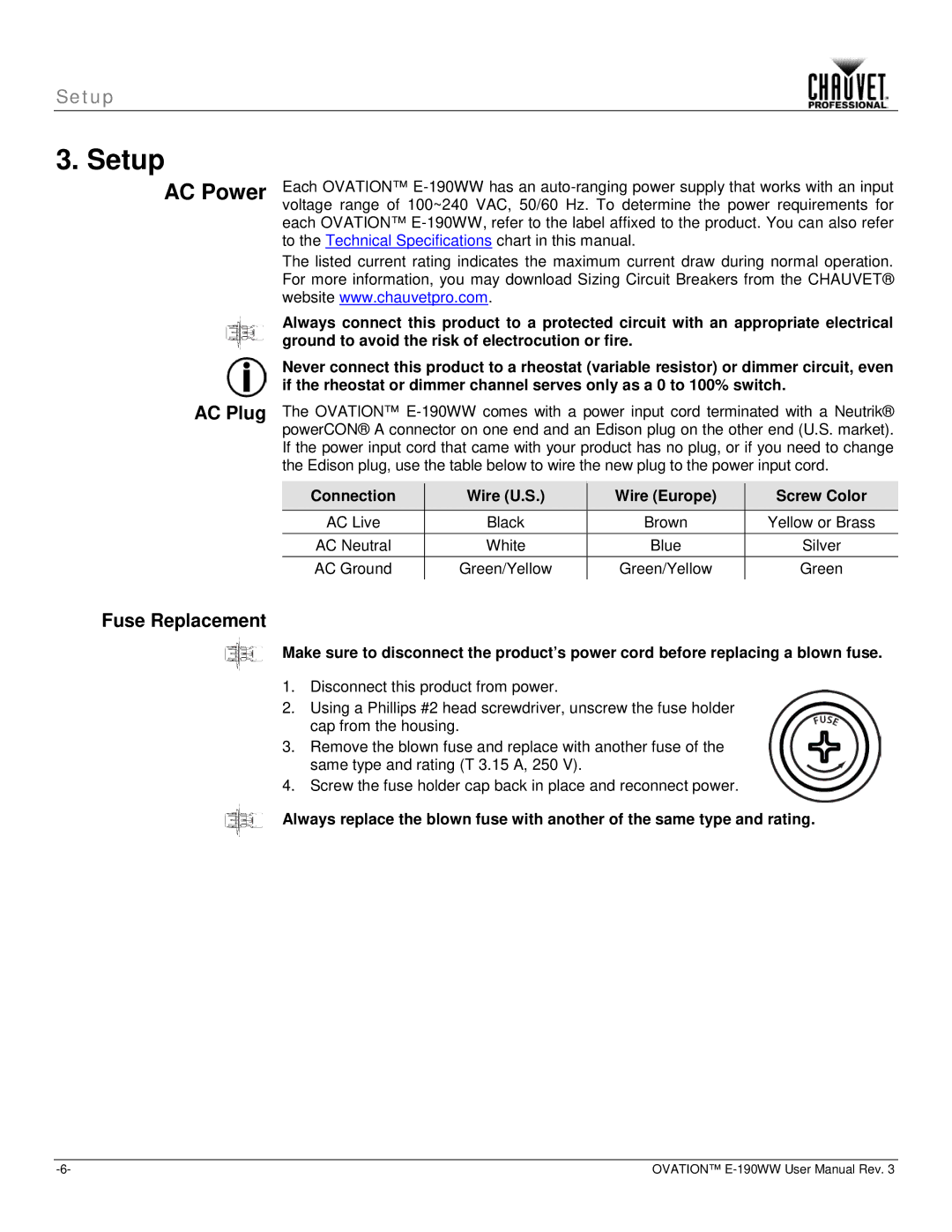 Chauvet E-190WW user manual Setup, AC Power, AC Plug, Fuse Replacement, Connection Wire U.S Wire Europe Screw Color 