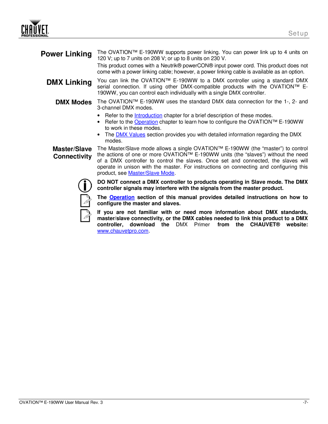 Chauvet E-190WW user manual Power Linking DMX Linking, DMX Modes Master/Slave Connectivity 