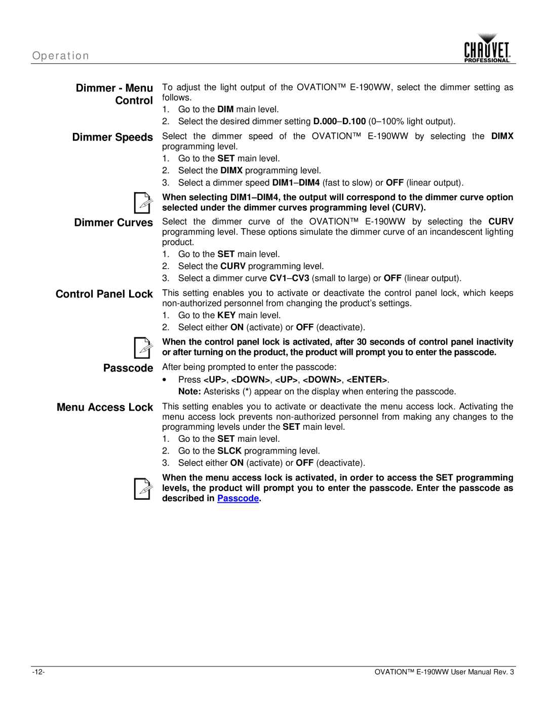 Chauvet E-190WW user manual ∙ Press UP, DOWN, UP, DOWN, Enter 