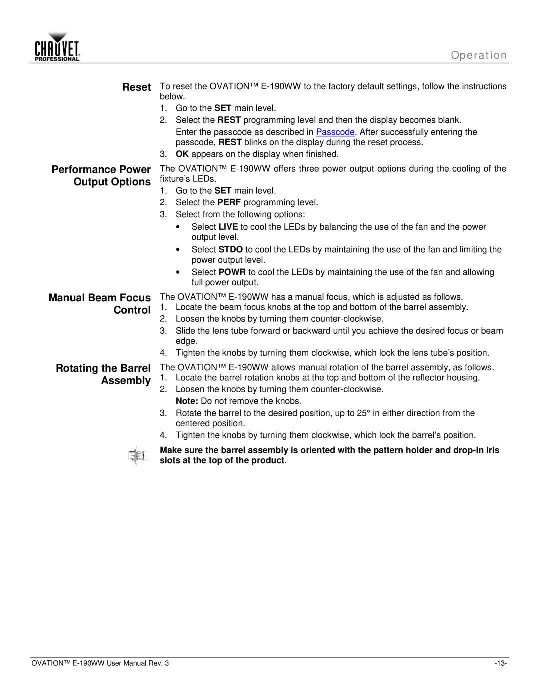 Chauvet E-190WW user manual Operation 