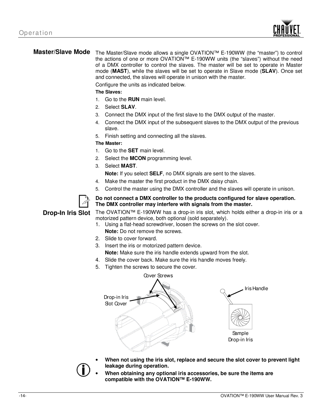 Chauvet E-190WW user manual Master/Slave Mode Drop-In Iris Slot, Cover Screws Iris Handle Drop-in Iris Slot Cover Sample 