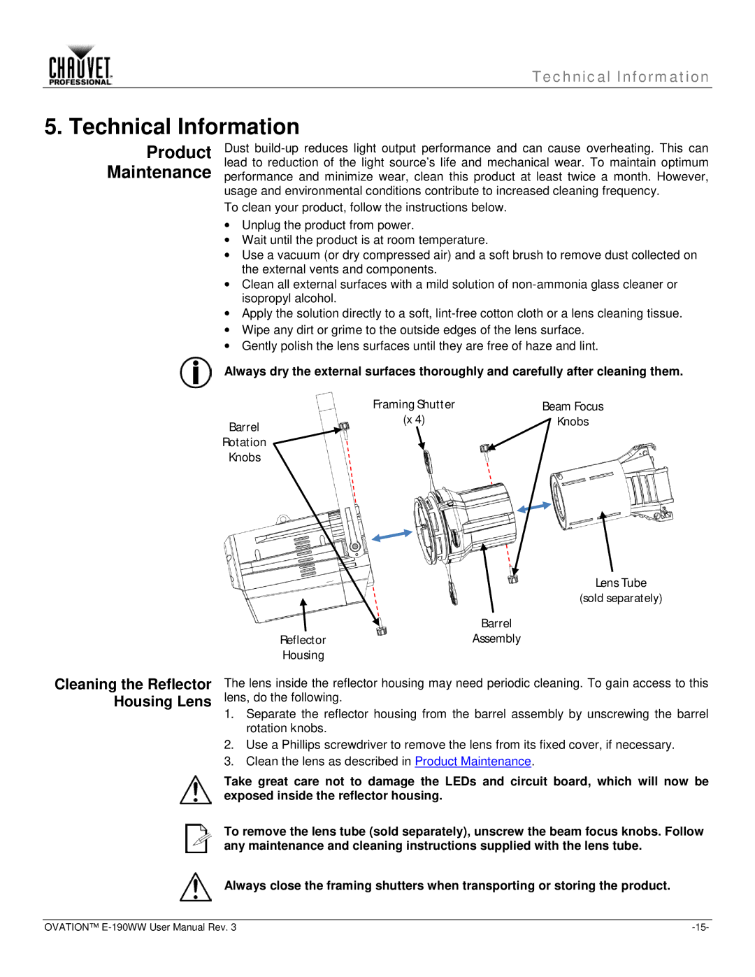 Chauvet E-190WW user manual Technical Information, Product Maintenance, Cleaning the Reflector Housing Lens 