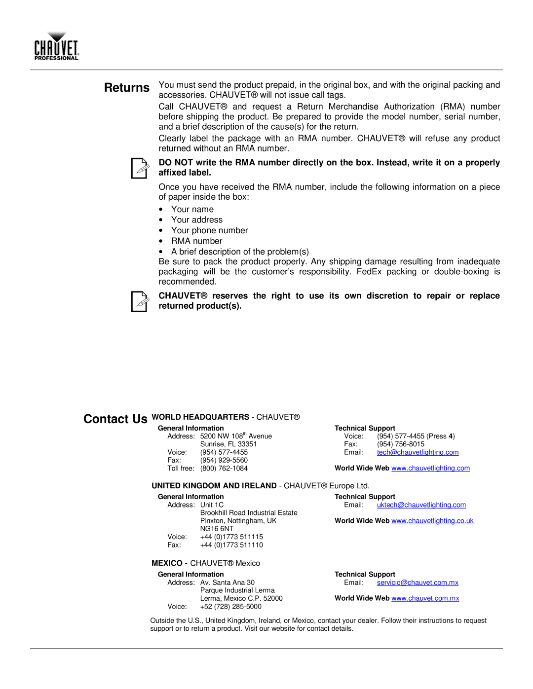 Chauvet E-190WW user manual Returns, Affixed label 