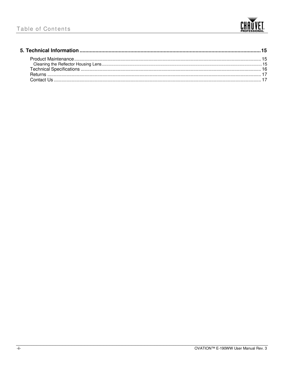 Chauvet E-190WW user manual Technical Information 