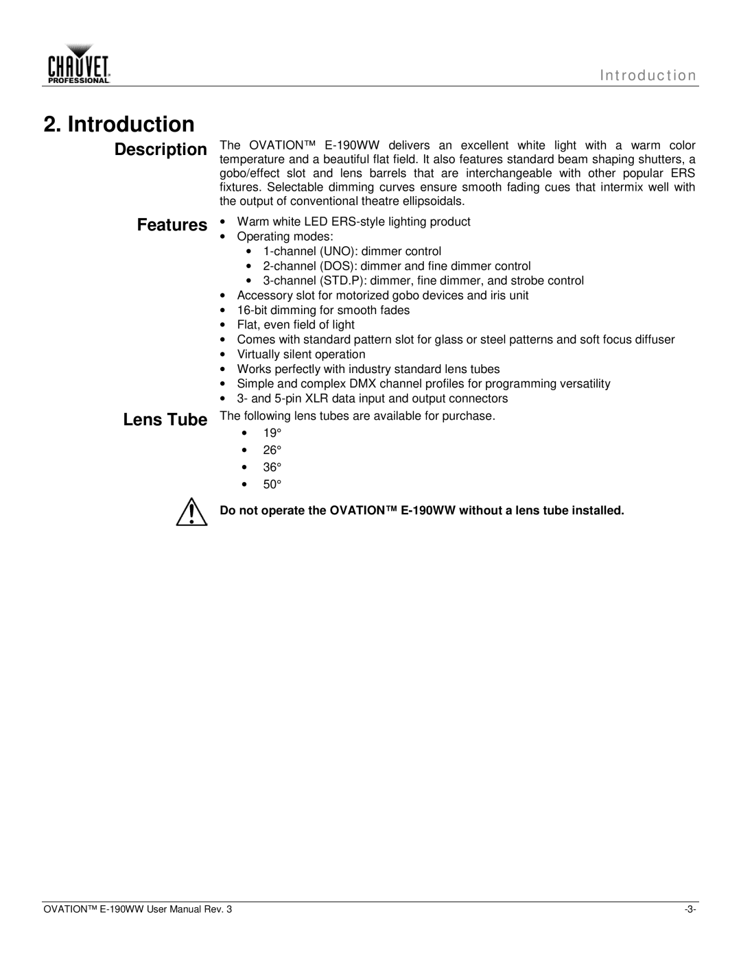 Chauvet E-190WW user manual Introduction, Description Features Lens Tube 