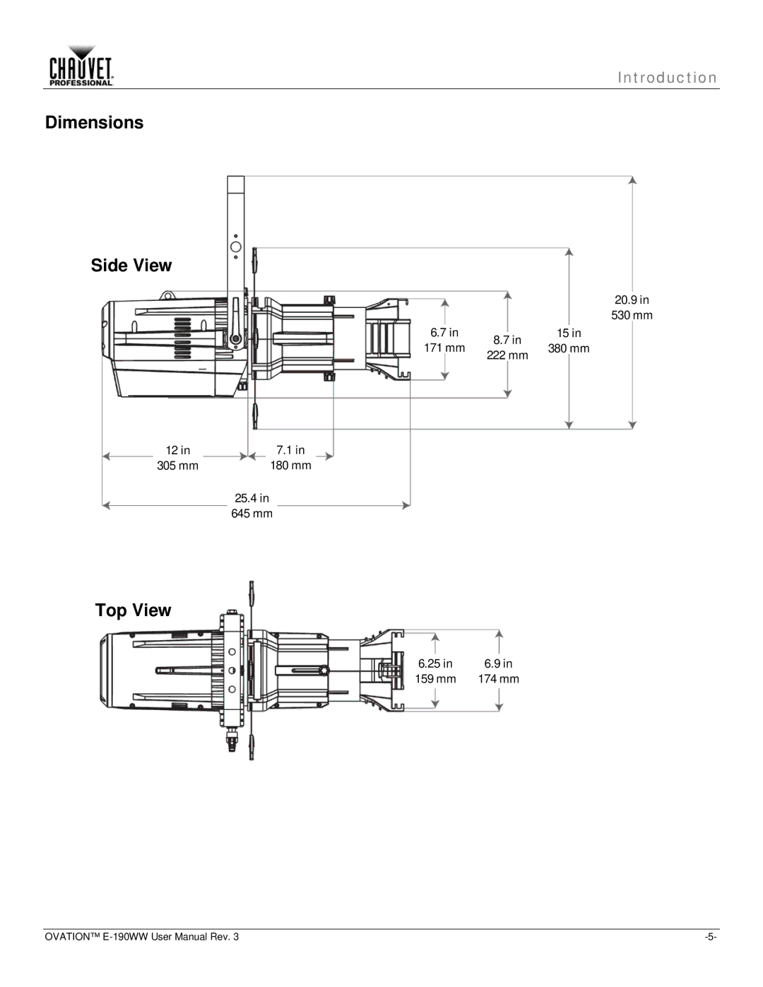 Chauvet E-190WW user manual Dimensions Side View, Top View 