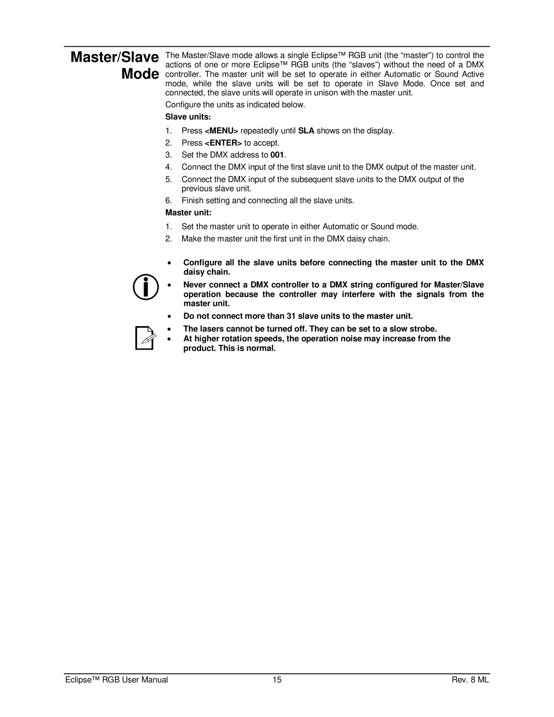 Chauvet EN1EC 60825-1:2007 manual Master/Slave Mode, Slave units, Master unit 