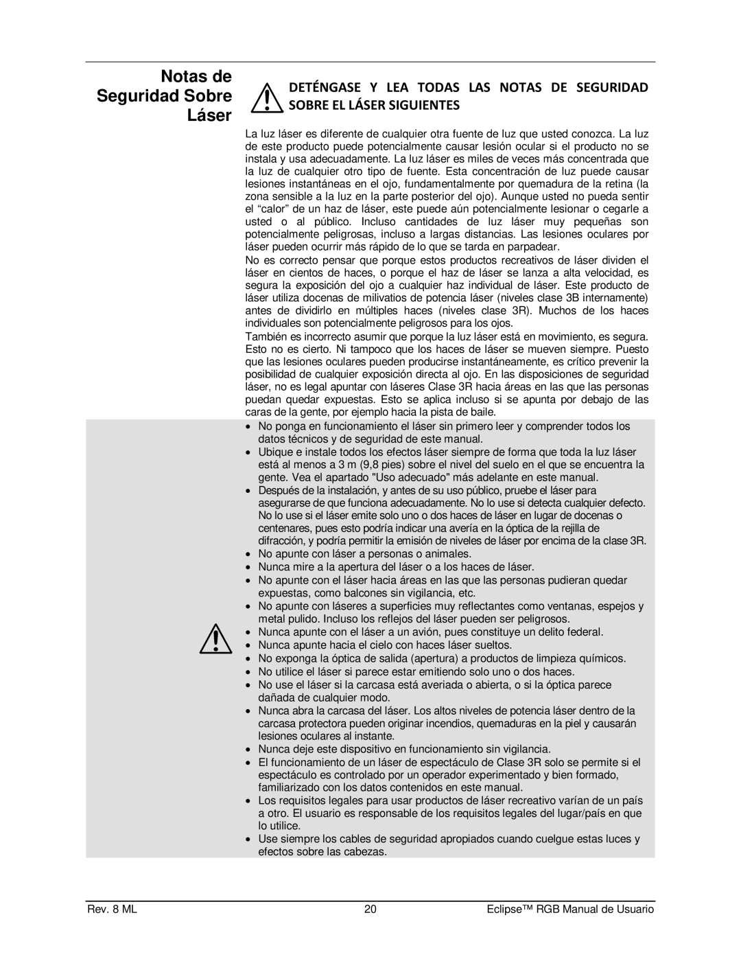 Chauvet EN1EC 60825-1:2007 manual Notas de Seguridad Sobre Láser 