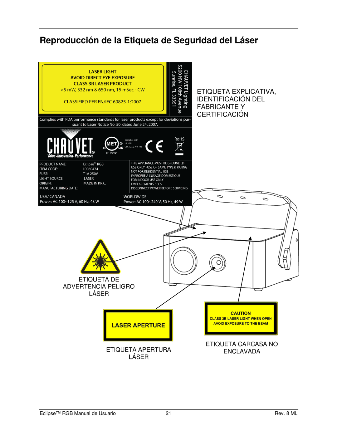 Chauvet EN1EC 60825-1:2007 manual Reproducción de la Etiqueta de Seguridad del Láser 