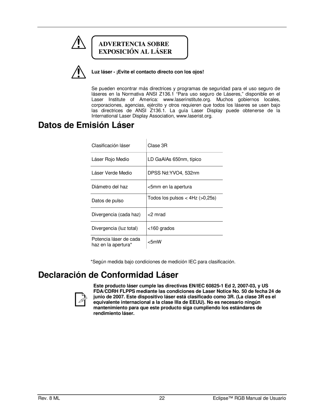 Chauvet EN1EC 60825-1:2007 manual Datos de Emisión Láser, Declaración de Conformidad Láser 