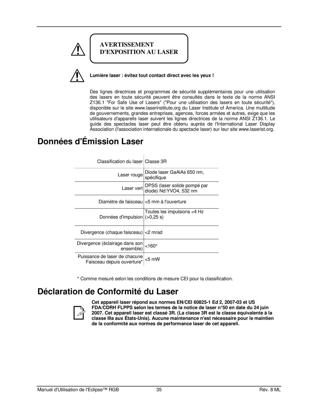 Chauvet EN1EC 60825-1:2007 manual Données dÉmission Laser, Déclaration de Conformité du Laser 