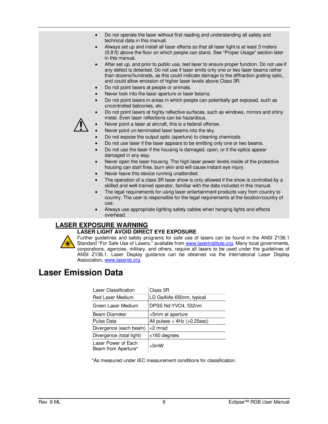 Chauvet EN1EC 60825-1:2007 manual Laser Emission Data 