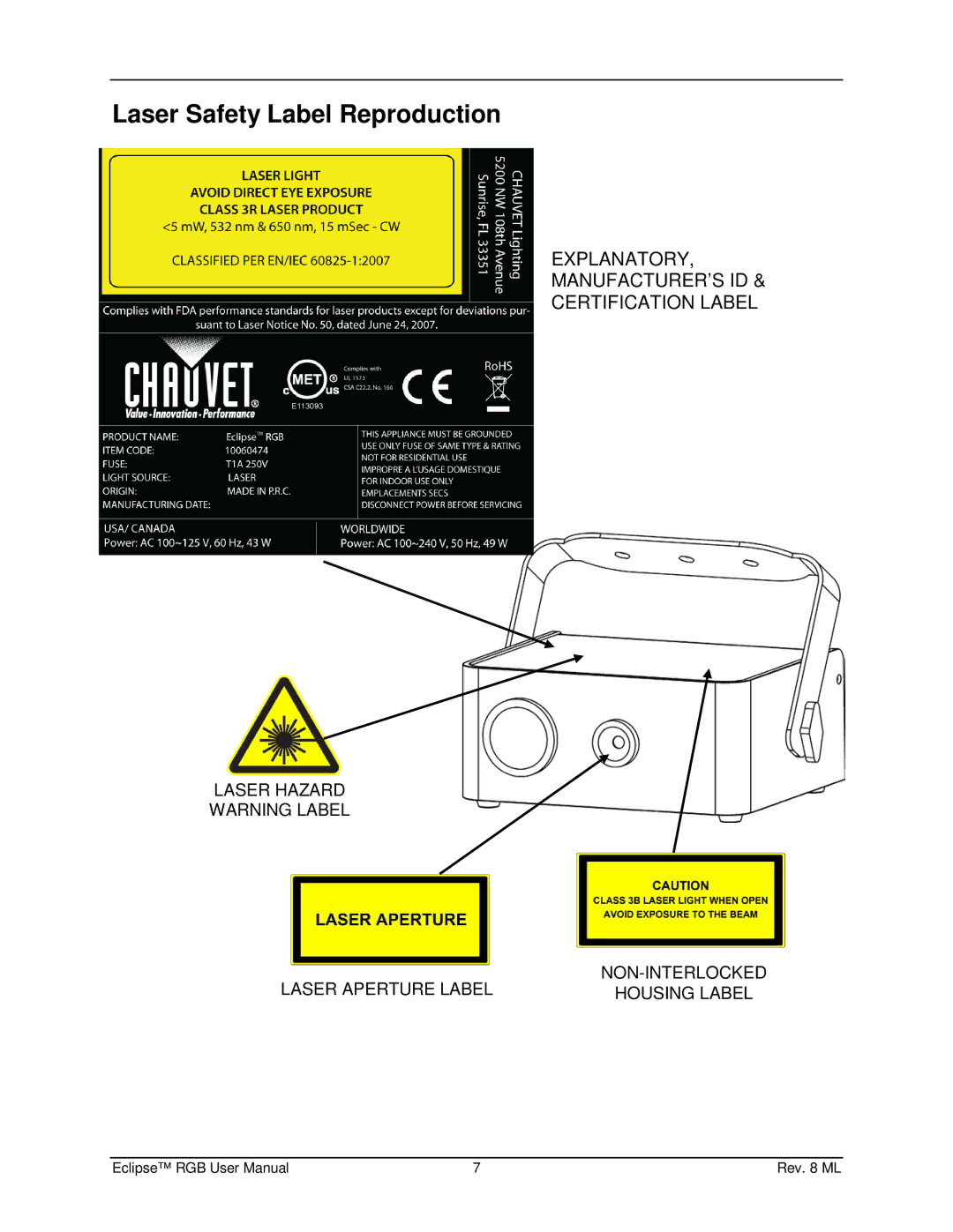 Chauvet EN1EC 60825-1:2007 manual Laser Safety Label Reproduction 