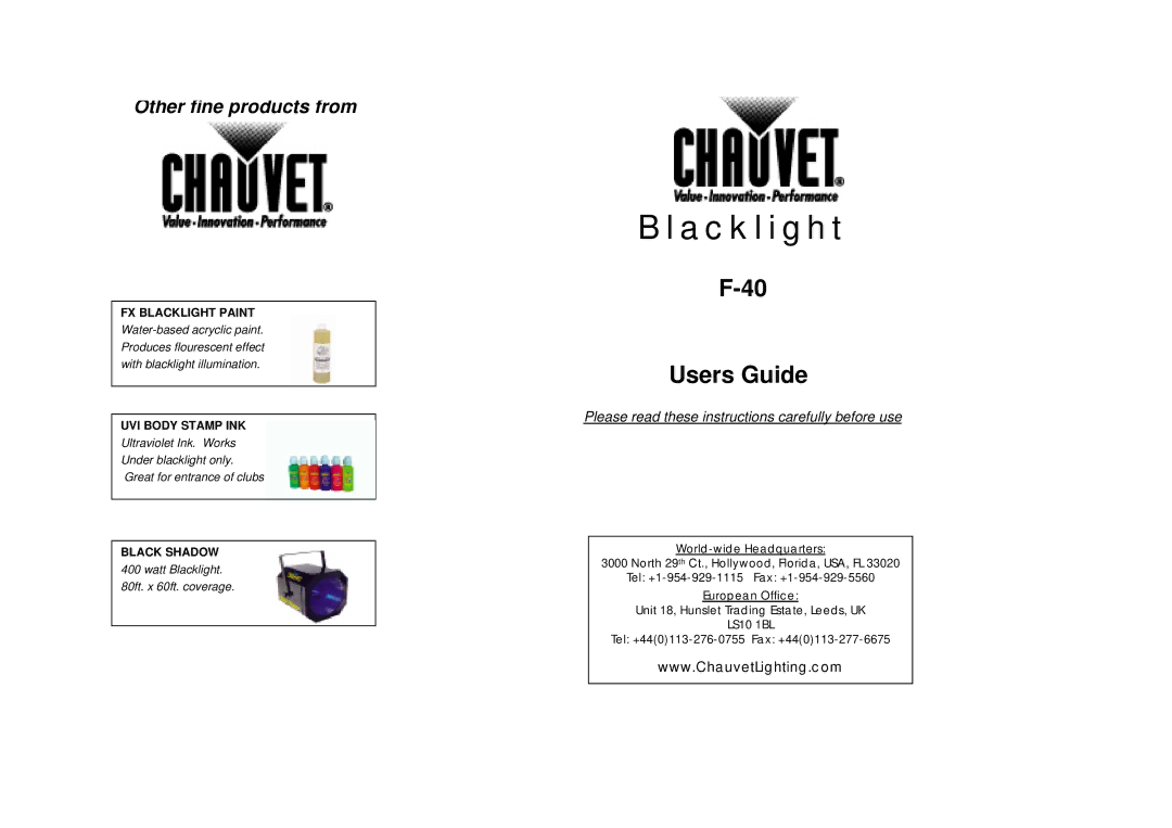 Chauvet F-40 manual FX Blacklight Paint, Black Shadow 