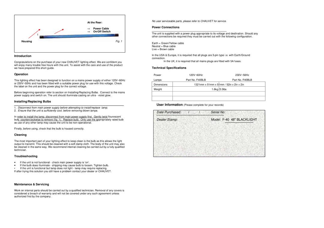 Chauvet F-40 manual Introduction, Operation, Installing/Replacing Bulbs, Cleaning, Troubleshooting, Maintenance & Servicing 