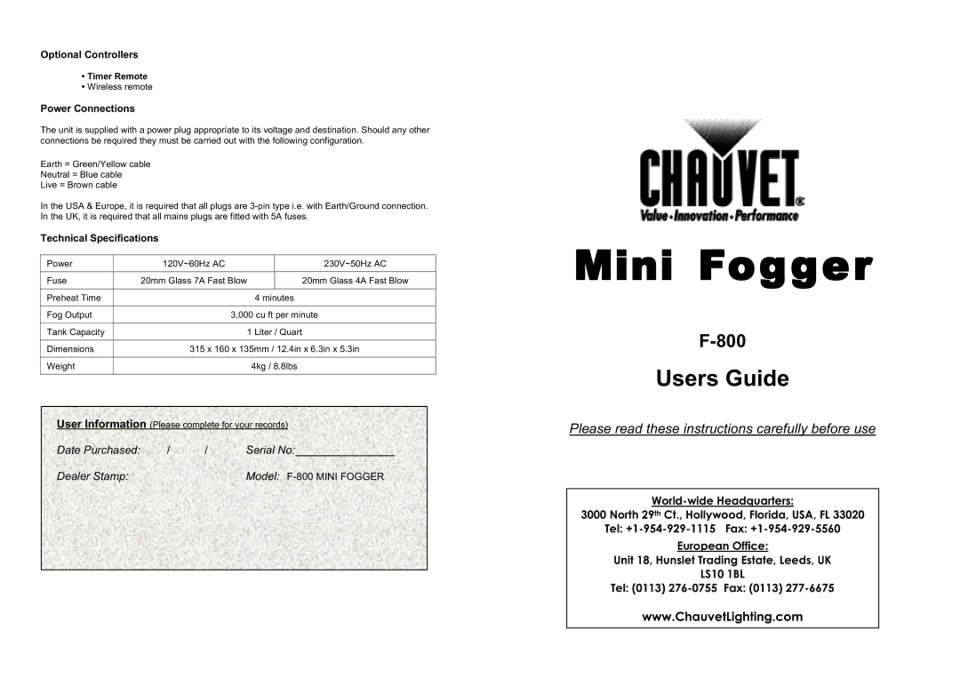 Chauvet F-800 technical specifications Optional Controllers, Power Connections, Technical Specifications 