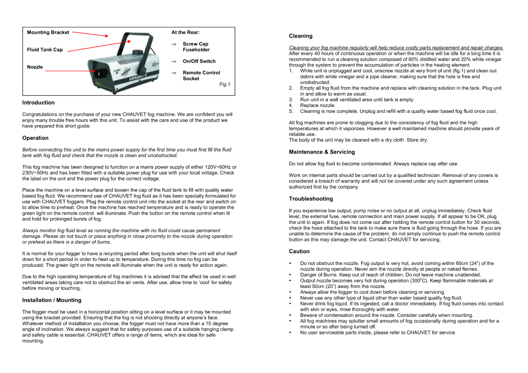 Chauvet F-800 Introduction, Operation, Installation / Mounting, Cleaning, Maintenance & Servicing, Troubleshooting 