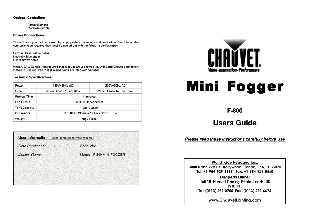 Chauvet F-800 technical specifications Optional Controllers, Power Connections, Technical Specifications, Timer Remote 