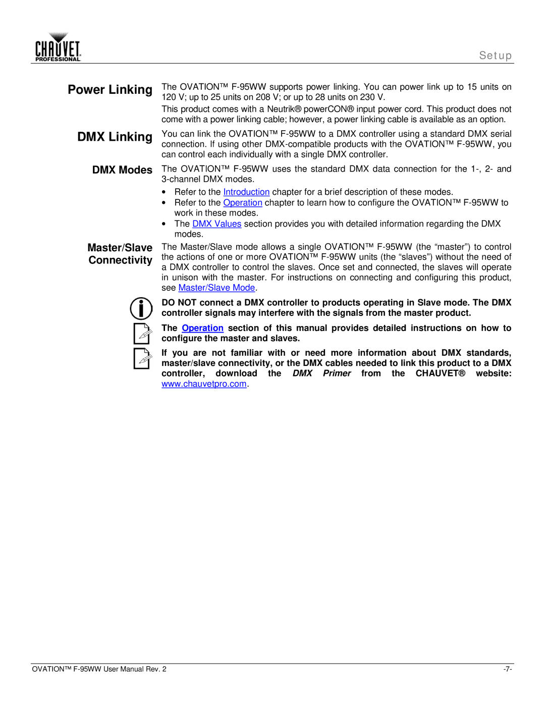 Chauvet f-95ww user manual Power Linking DMX Linking, DMX Modes Master/Slave Connectivity 