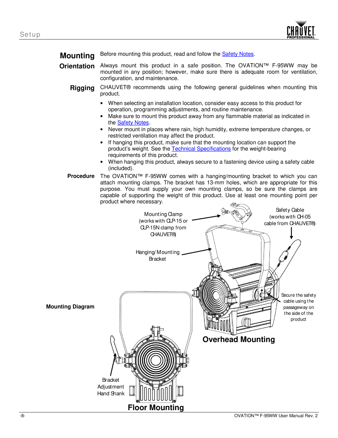 Chauvet f-95ww user manual Overhead Mounting, Floor Mounting, Procedure Mounting Diagram 