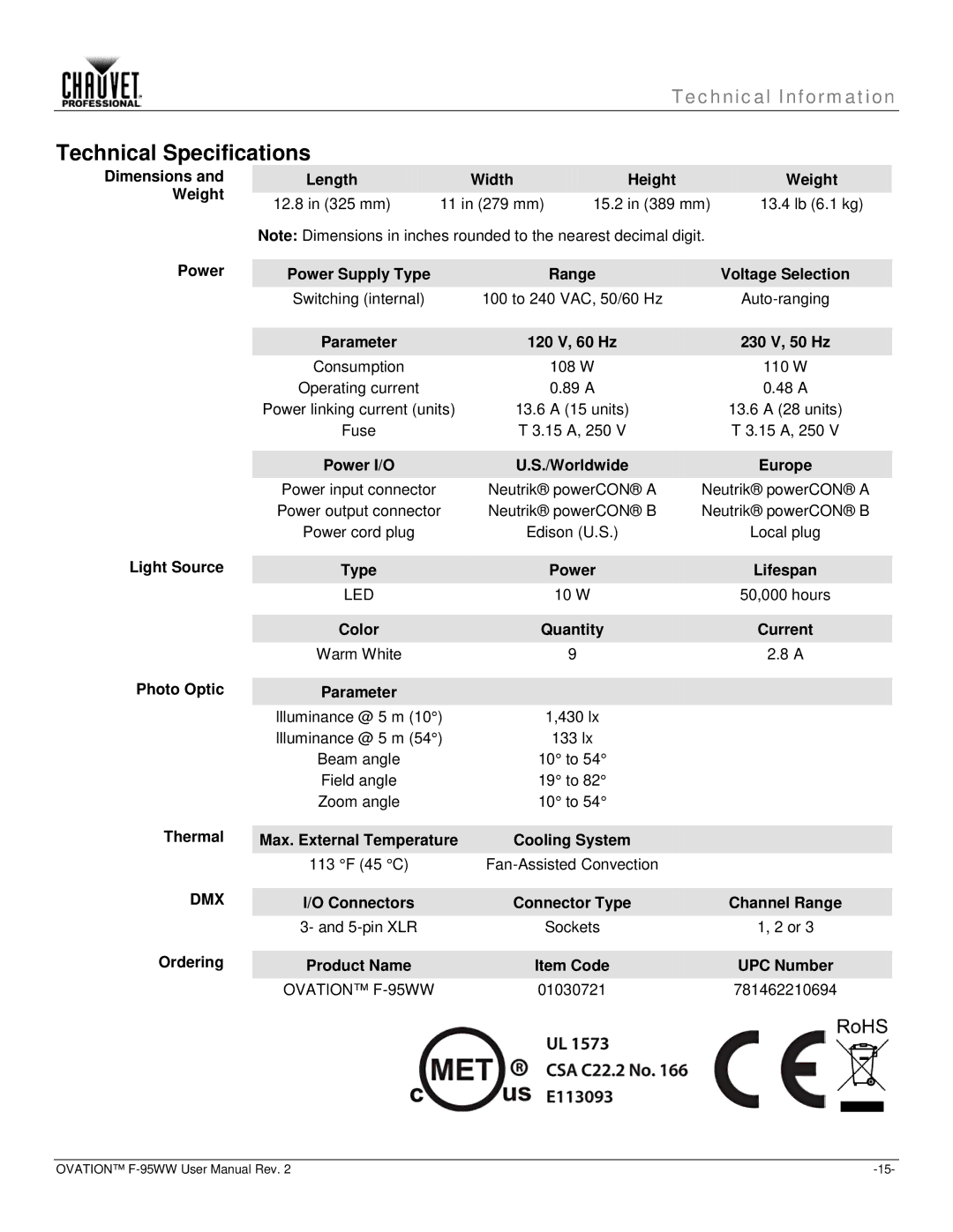 Chauvet f-95ww user manual Technical Specifications 