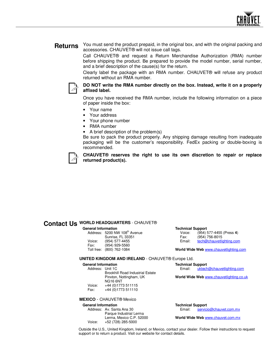 Chauvet f-95ww user manual Returns, Affixed label 