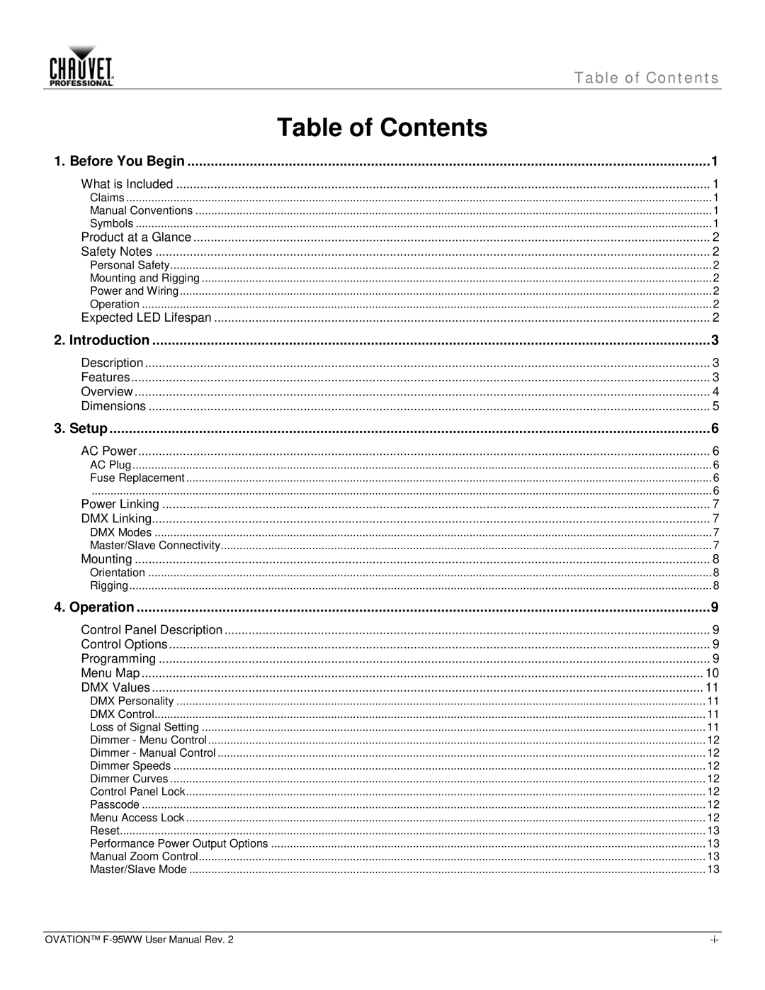 Chauvet f-95ww user manual Table of Contents 