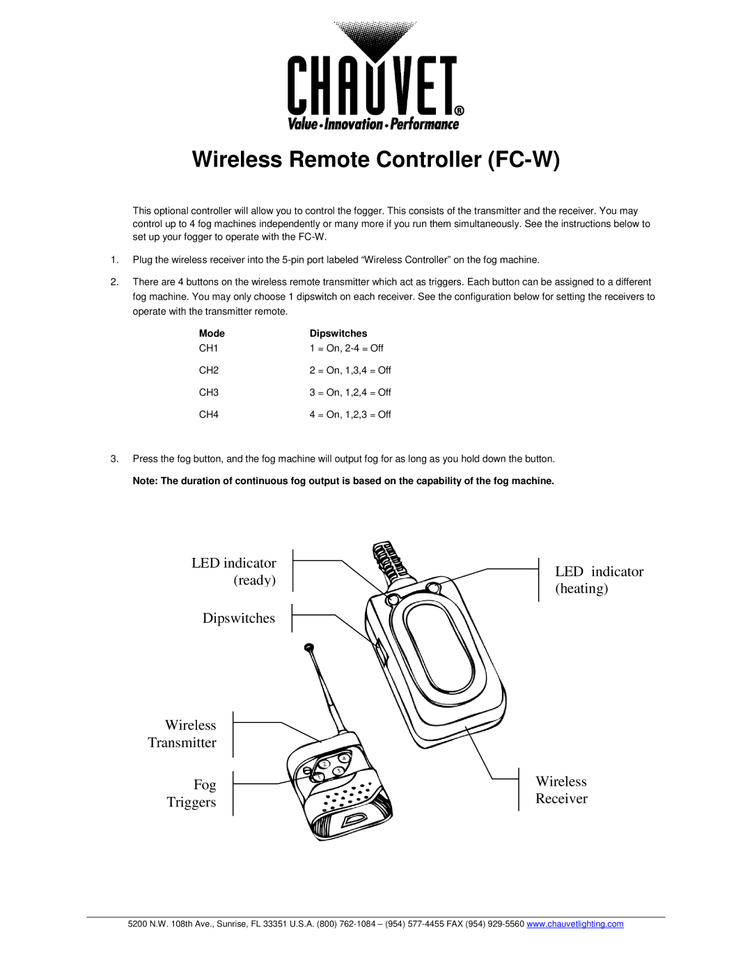 Chauvet manual Wireless Remote Controller FC-W, Mode 