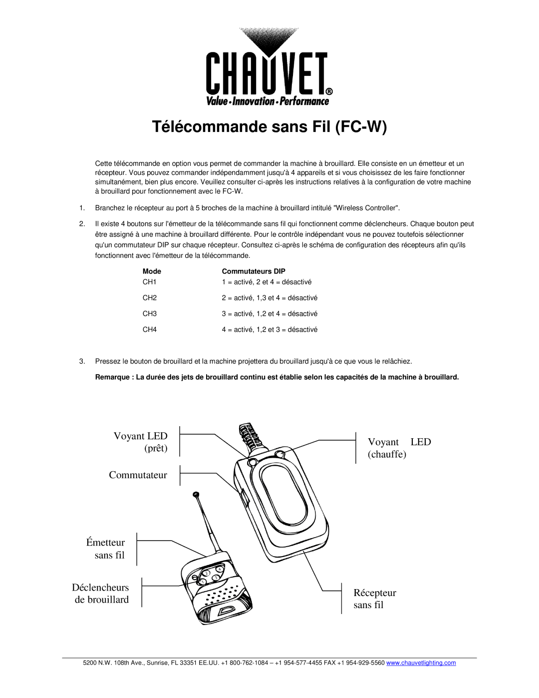 Chauvet manual Télécommande sans Fil FC-W, Mode Commutateurs DIP 