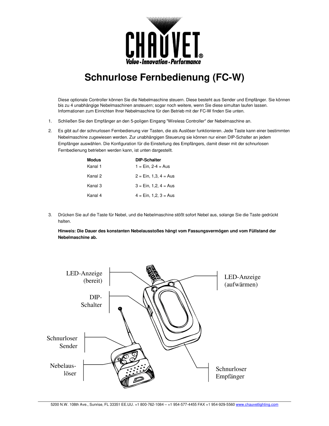 Chauvet manual Schnurlose Fernbedienung FC-W, Modus DIP-Schalter 