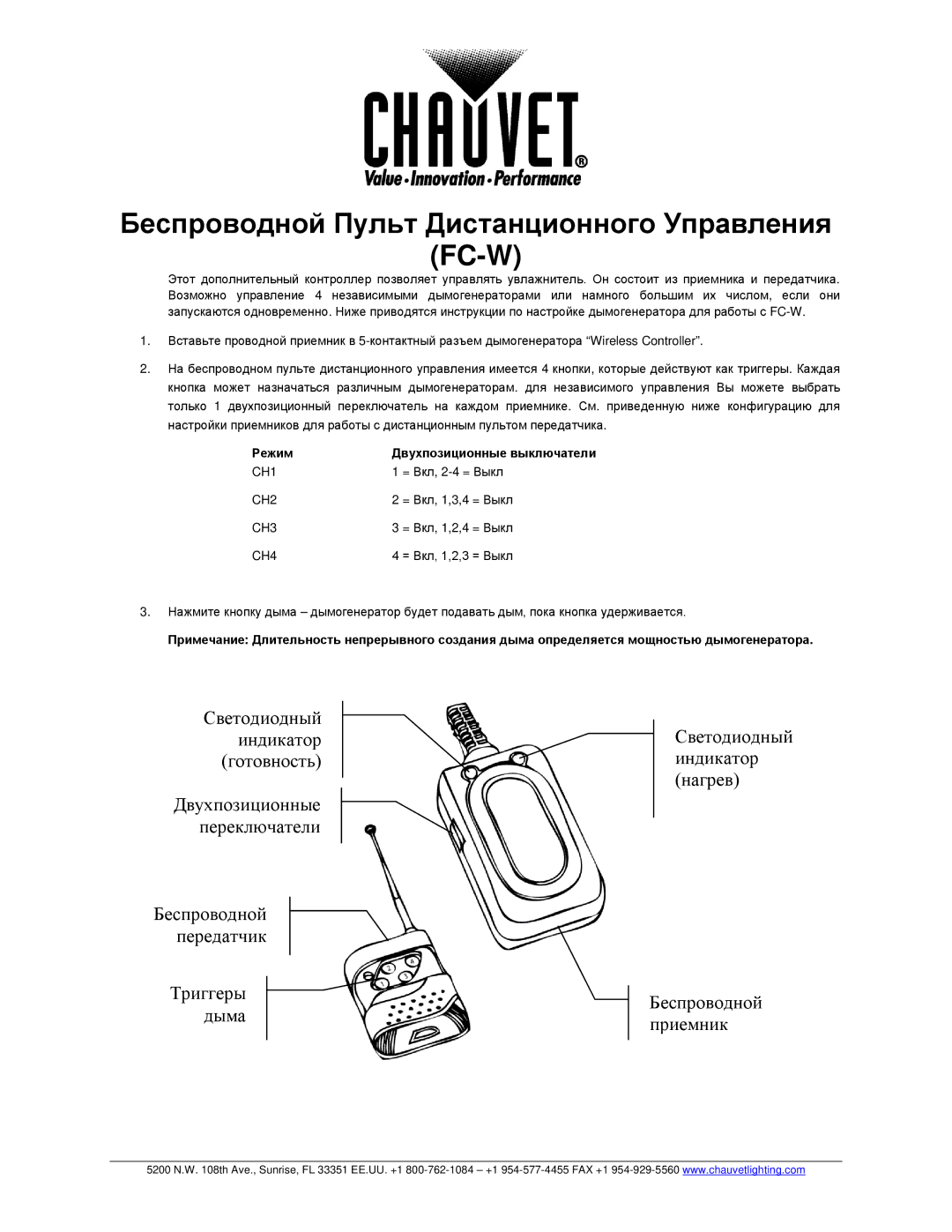 Chauvet manual Беспроводной Пульт Дистанционного Управления FC-W, Режим 