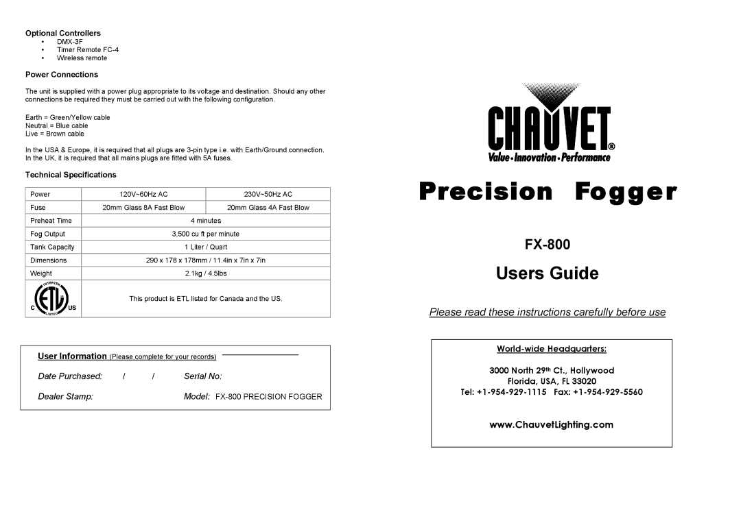 Chauvet FX-800 technical specifications Optional Controllers, Power Connections, Technical Specifications 