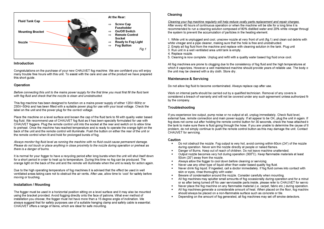 Chauvet FX-800 Introduction, Operation, Installation / Mounting, Cleaning, Maintenance & Servicing, Troubleshooting 