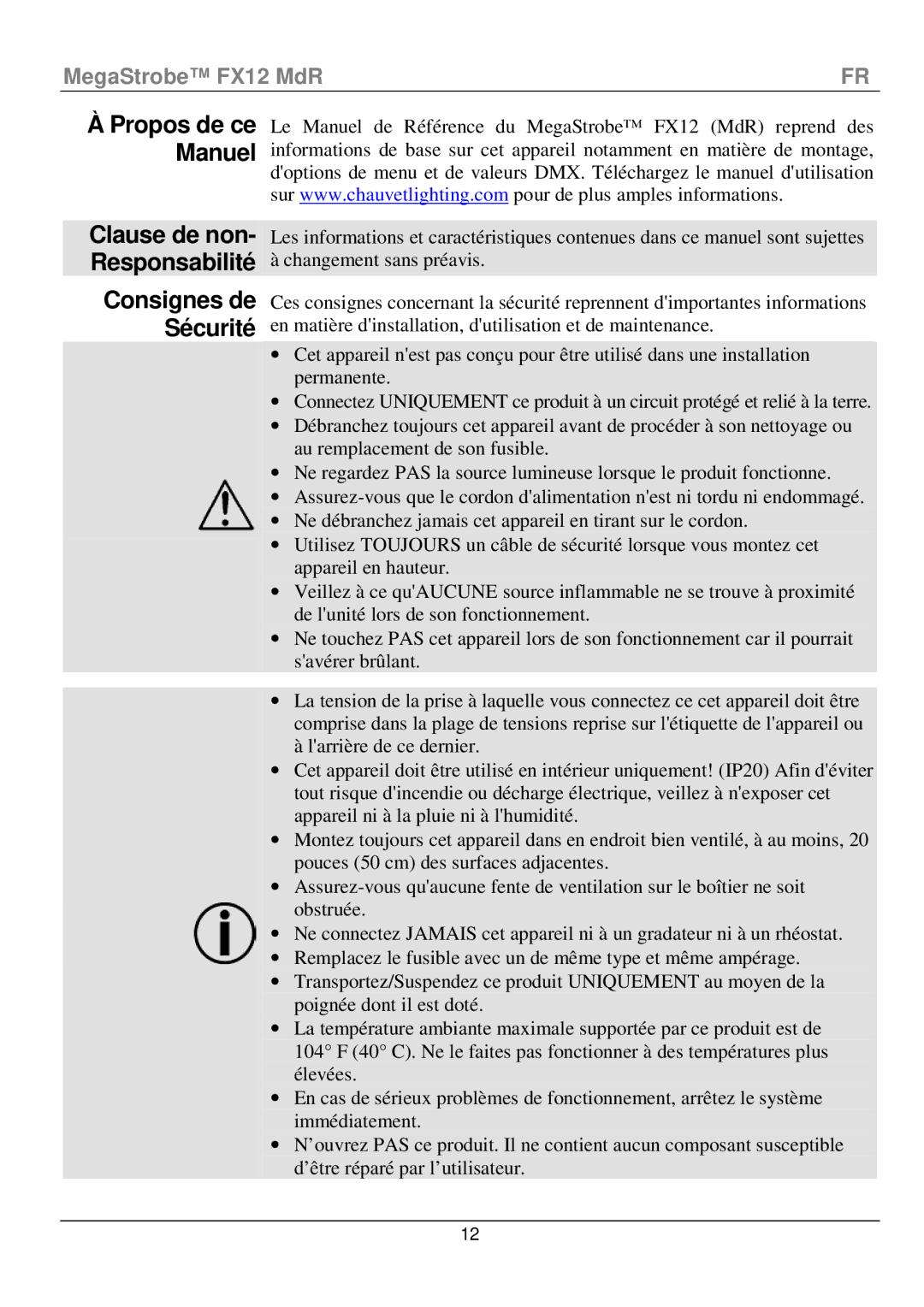 Chauvet fx12 manual ÀPropos de ce Manuel, Clause de non- Responsabilité Consignes de Sécurité 