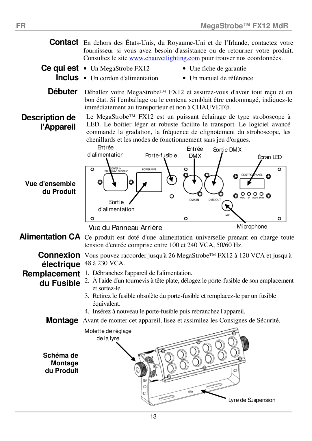 Chauvet fx12 manual Inclus, Ce qui est, Description de lAppareil, Vue densemble du Produit, Schéma de Montage du Produit 