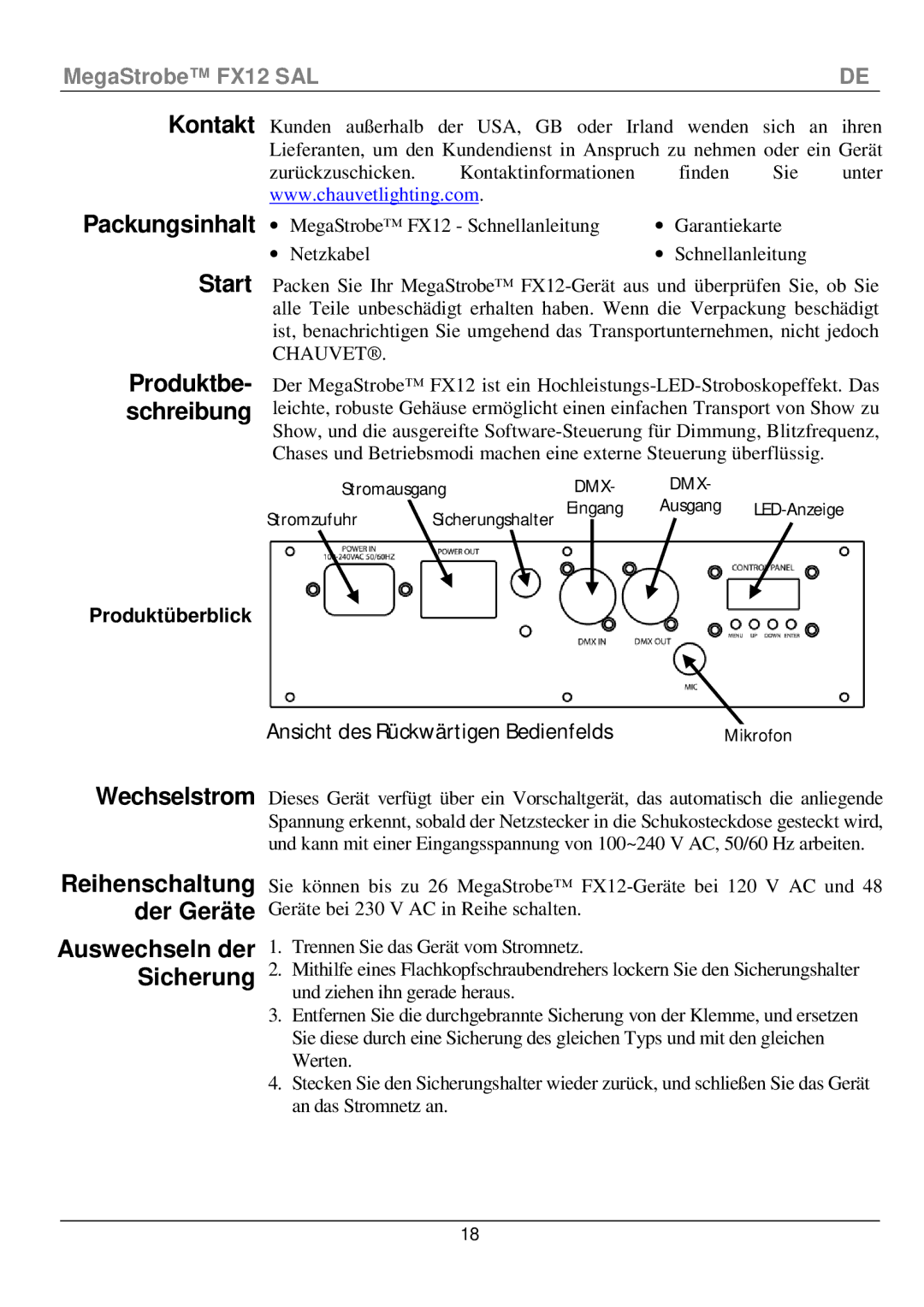 Chauvet fx12 manual Kontakt Packungsinhalt Start, Wechselstrom, Produktbe- schreibung, Produktüberblick 