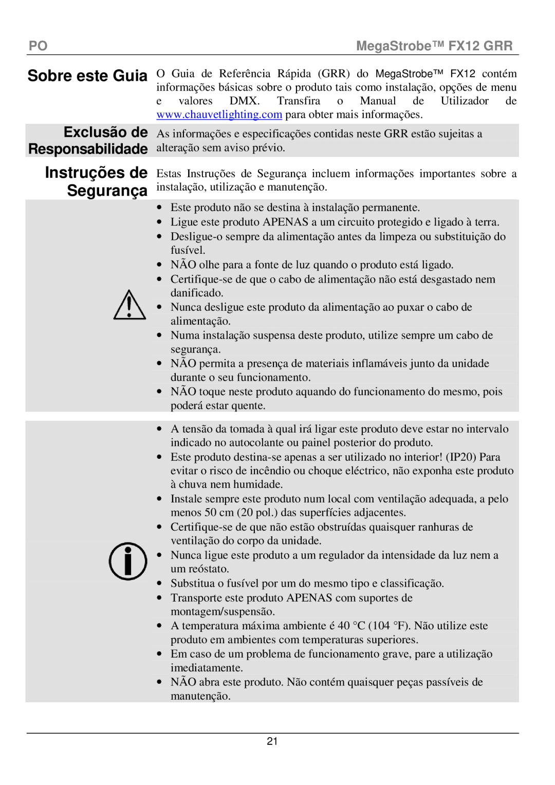 Chauvet fx12 manual Sobre este Guia, Instruções de Segurança, Exclusão de Responsabilidade 