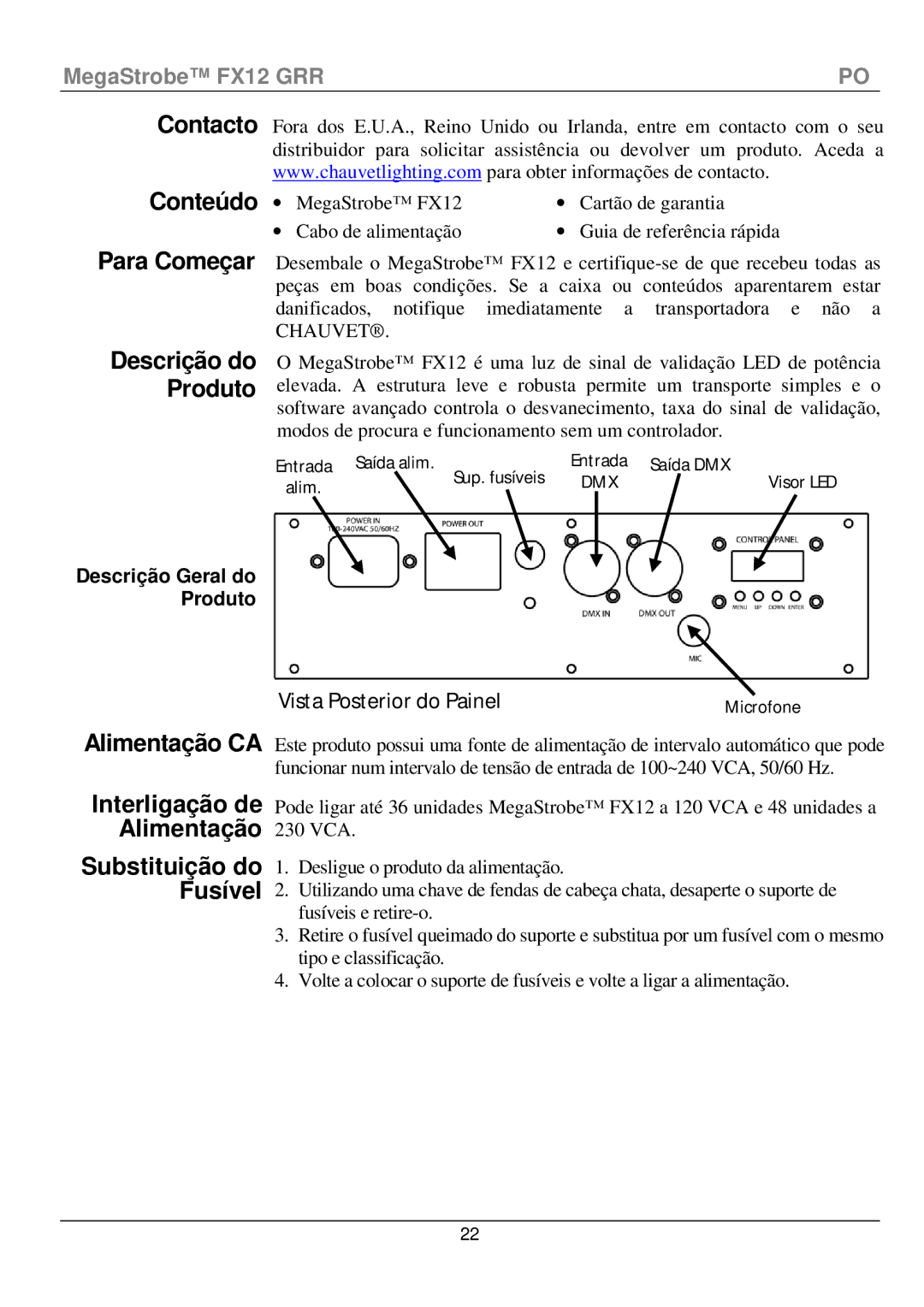 Chauvet fx12 manual Contacto Conteúdo Para Começar, Alimentação CA, Descrição do Produto, Descrição Geral do Produto 